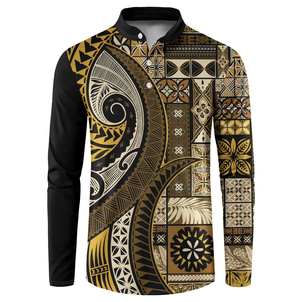 Vintage Samoa Siapo Mamanu Button Sweatshirt Gold Samoan Tapa Motif - Polynesian Pride