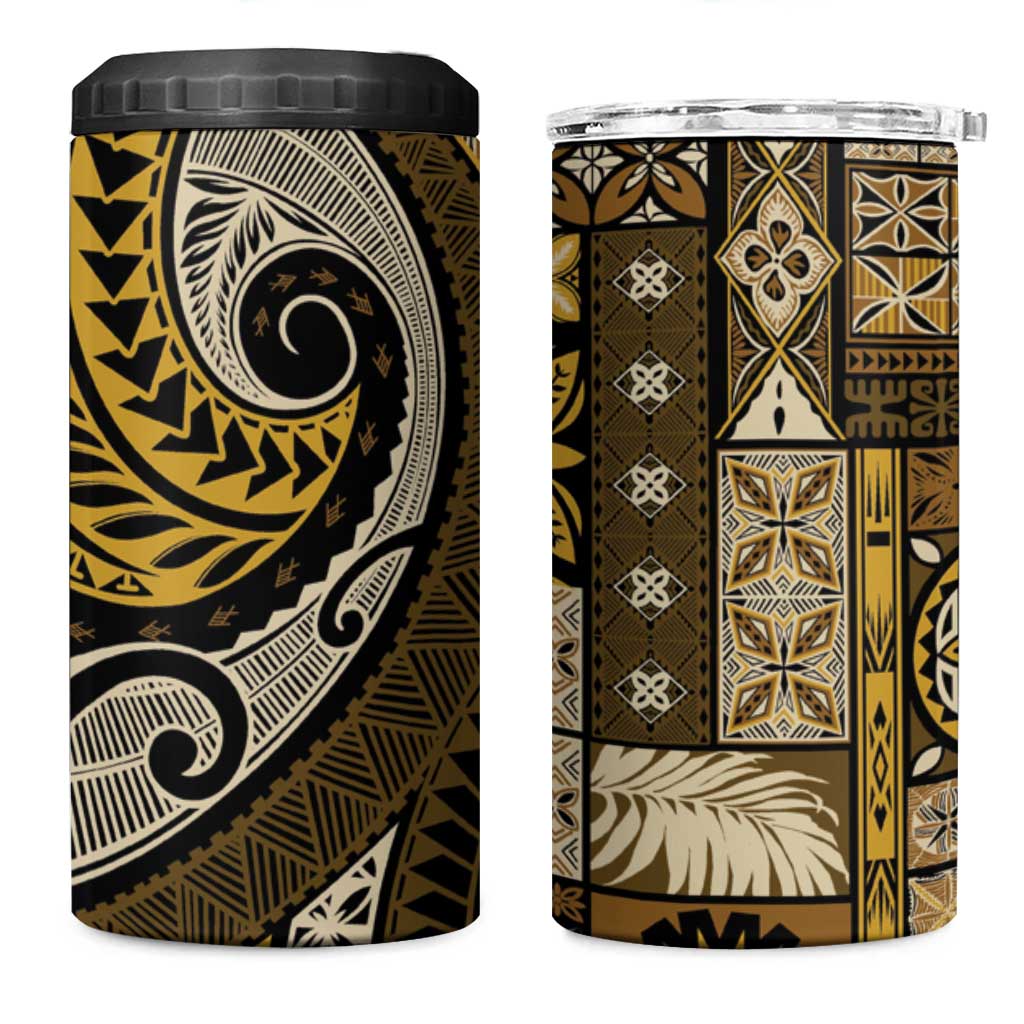 Vintage Samoa Siapo Mamanu 4 in 1 Can Cooler Tumbler Gold Samoan Tapa Motif - Polynesian Pride