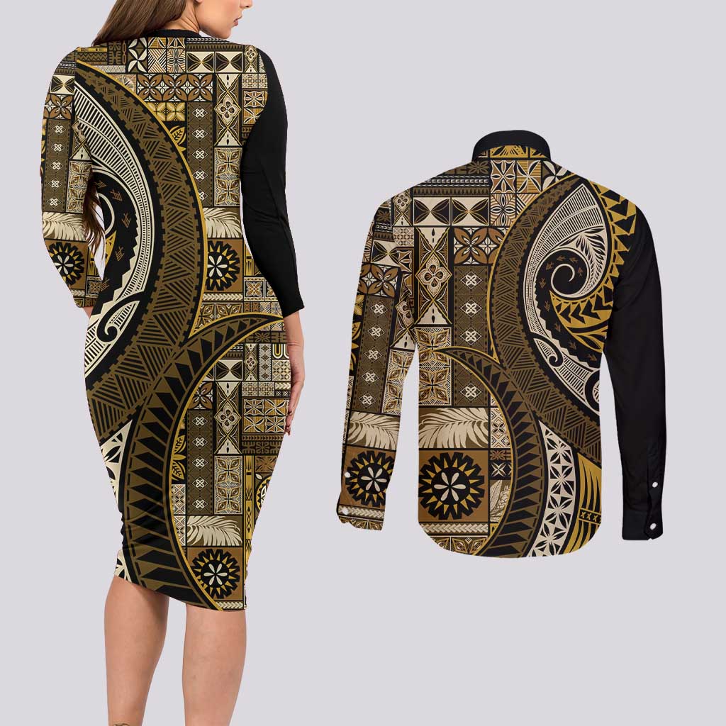 Vintage Samoa Siapo Mamanu Couples Matching Long Sleeve Bodycon Dress and Long Sleeve Button Shirt Gold Samoan Tapa Motif - Polynesian Pride