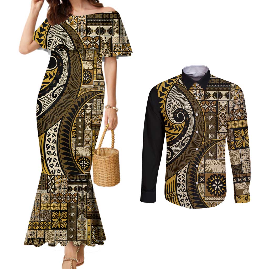 Vintage Samoa Siapo Mamanu Couples Matching Mermaid Dress and Long Sleeve Button Shirt Gold Samoan Tapa Motif - Polynesian Pride