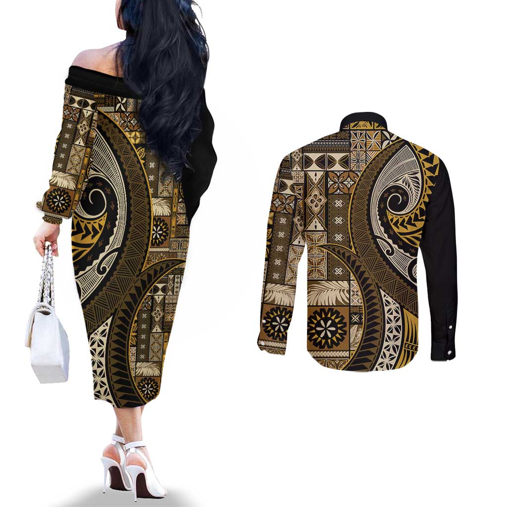 Vintage Samoa Siapo Mamanu Couples Matching Off The Shoulder Long Sleeve Dress and Long Sleeve Button Shirt Gold Samoan Tapa Motif - Polynesian Pride