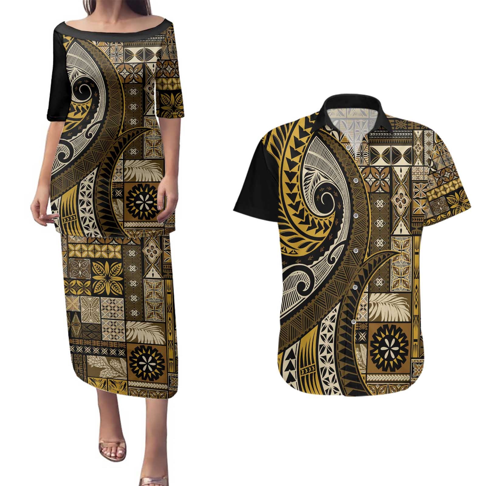 Vintage Samoa Siapo Mamanu Couples Matching Puletasi and Hawaiian Shirt Gold Samoan Tapa Motif - Polynesian Pride