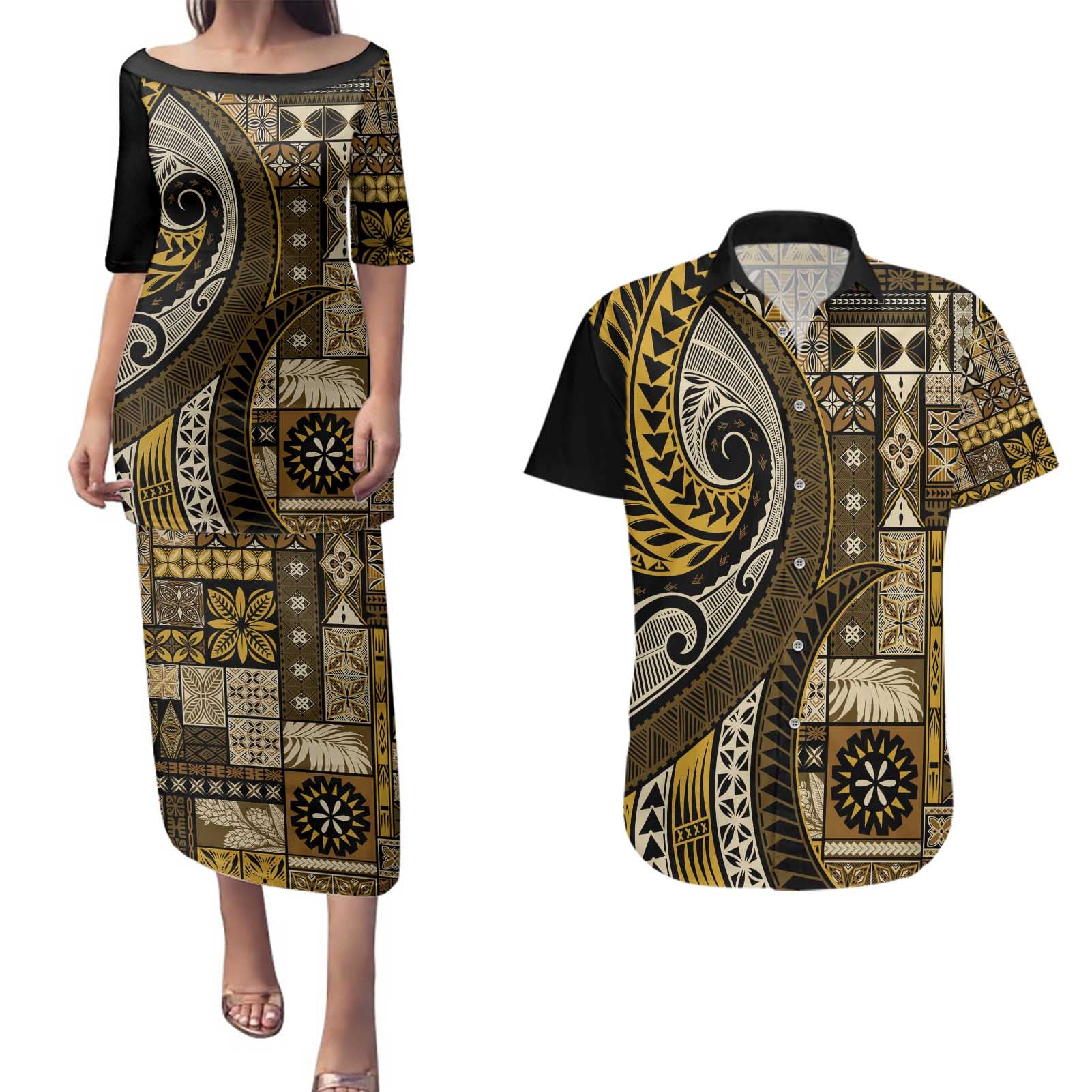 Vintage Samoa Siapo Mamanu Couples Matching Puletasi and Hawaiian Shirt Gold Samoan Tapa Motif - Polynesian Pride