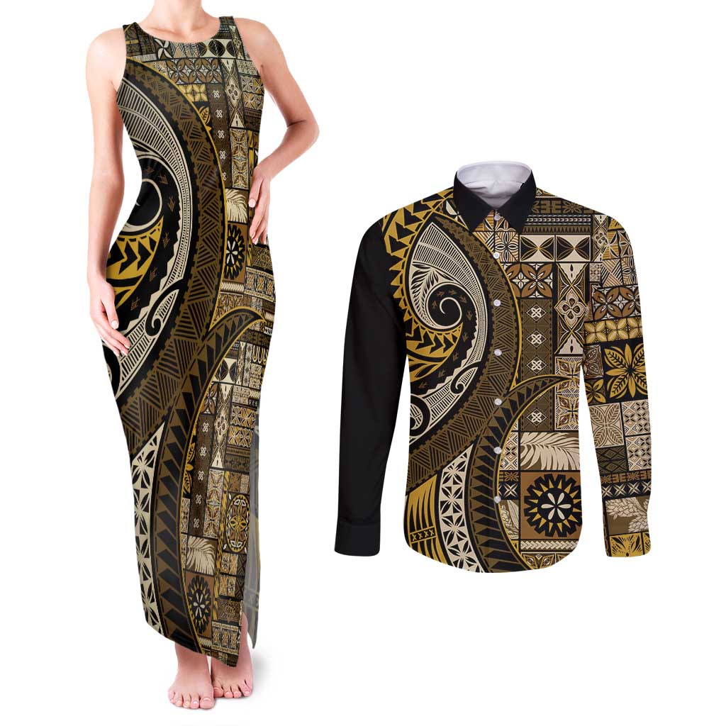 Vintage Samoa Siapo Mamanu Couples Matching Tank Maxi Dress and Long Sleeve Button Shirt Gold Samoan Tapa Motif - Polynesian Pride
