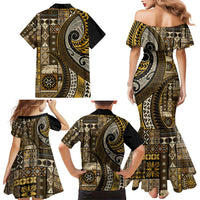 Vintage Samoa Siapo Mamanu Family Matching Mermaid Dress and Hawaiian Shirt Gold Samoan Tapa Motif - Polynesian Pride