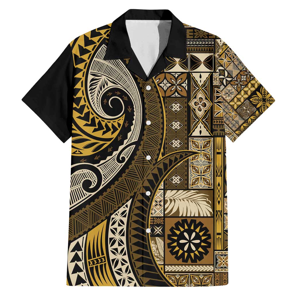 Vintage Samoa Siapo Mamanu Family Matching Mermaid Dress and Hawaiian Shirt Gold Samoan Tapa Motif - Polynesian Pride