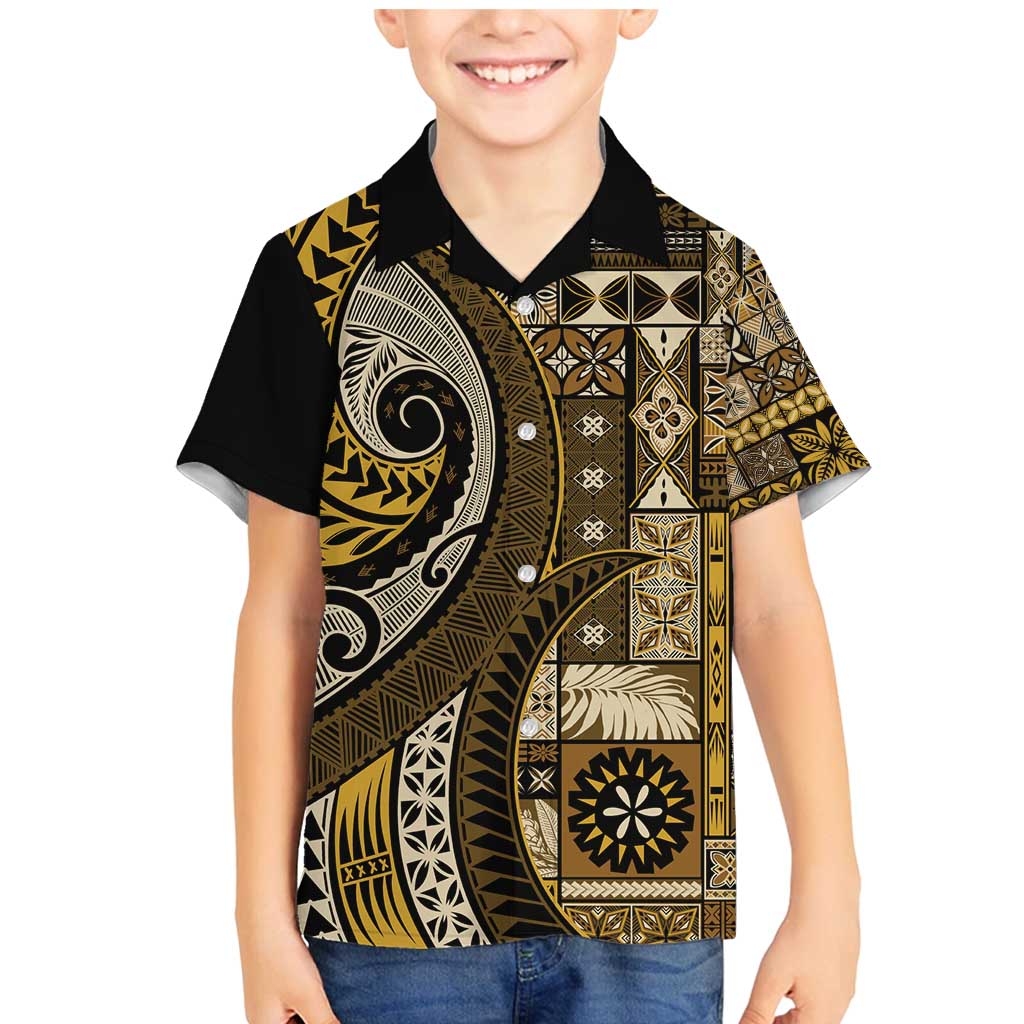 Vintage Samoa Siapo Mamanu Family Matching Mermaid Dress and Hawaiian Shirt Gold Samoan Tapa Motif - Polynesian Pride