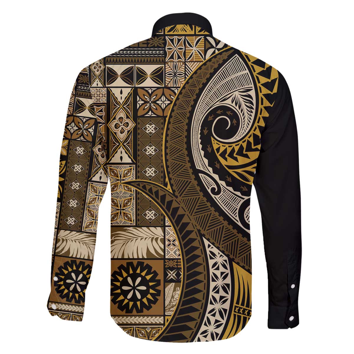 Vintage Samoa Siapo Mamanu Family Matching Off The Shoulder Long Sleeve Dress and Hawaiian Shirt Gold Samoan Tapa Motif - Polynesian Pride