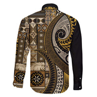 Vintage Samoa Siapo Mamanu Family Matching Off The Shoulder Long Sleeve Dress and Hawaiian Shirt Gold Samoan Tapa Motif - Polynesian Pride