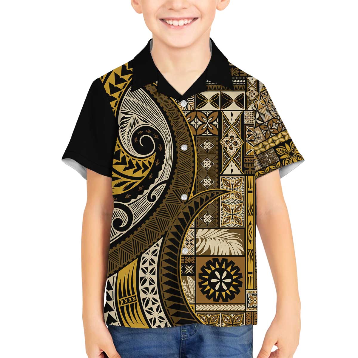 Vintage Samoa Siapo Mamanu Family Matching Off The Shoulder Long Sleeve Dress and Hawaiian Shirt Gold Samoan Tapa Motif - Polynesian Pride