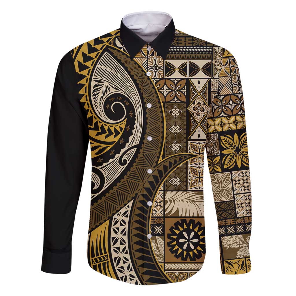 Vintage Samoa Siapo Mamanu Family Matching Off Shoulder Maxi Dress and Hawaiian Shirt Gold Samoan Tapa Motif - Polynesian Pride