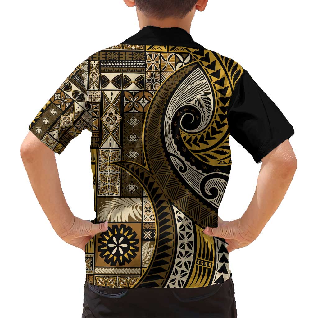 Vintage Samoa Siapo Mamanu Family Matching Off Shoulder Short Dress and Hawaiian Shirt Gold Samoan Tapa Motif - Polynesian Pride
