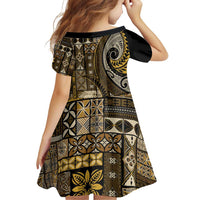 Vintage Samoa Siapo Mamanu Family Matching Off Shoulder Short Dress and Hawaiian Shirt Gold Samoan Tapa Motif - Polynesian Pride