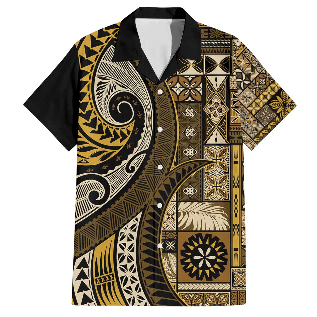 Vintage Samoa Siapo Mamanu Family Matching Off Shoulder Short Dress and Hawaiian Shirt Gold Samoan Tapa Motif - Polynesian Pride