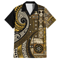 Vintage Samoa Siapo Mamanu Family Matching Off Shoulder Short Dress and Hawaiian Shirt Gold Samoan Tapa Motif - Polynesian Pride