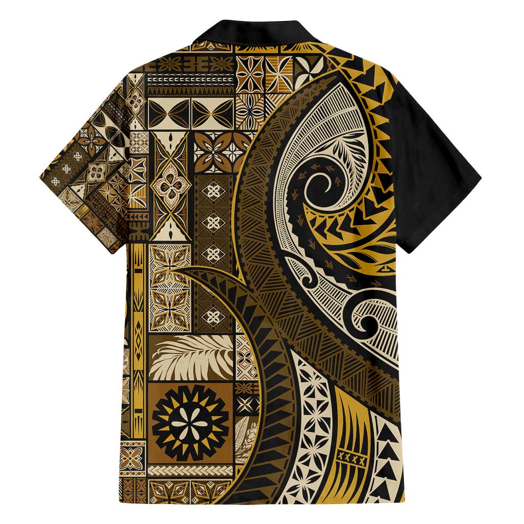 Vintage Samoa Siapo Mamanu Family Matching Off Shoulder Short Dress and Hawaiian Shirt Gold Samoan Tapa Motif - Polynesian Pride