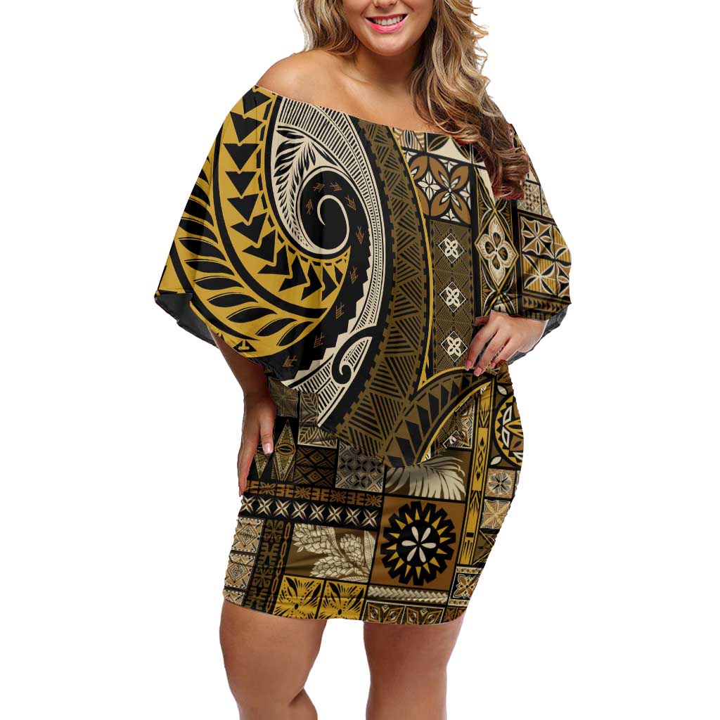 Vintage Samoa Siapo Mamanu Family Matching Off Shoulder Short Dress and Hawaiian Shirt Gold Samoan Tapa Motif - Polynesian Pride