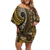 Vintage Samoa Siapo Mamanu Family Matching Off Shoulder Short Dress and Hawaiian Shirt Gold Samoan Tapa Motif - Polynesian Pride