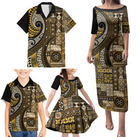 Vintage Samoa Siapo Mamanu Family Matching Puletasi and Hawaiian Shirt Gold Samoan Tapa Motif - Polynesian Pride