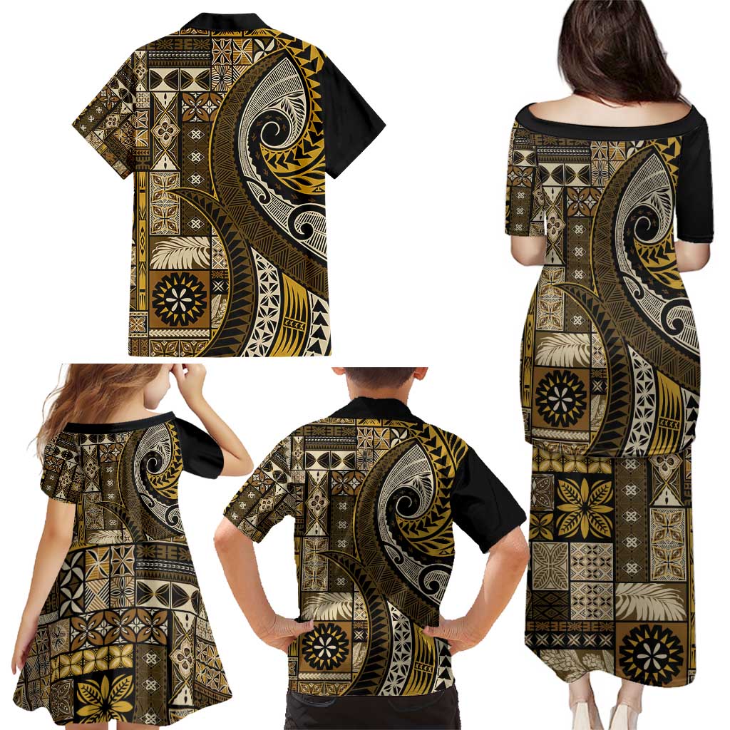 Vintage Samoa Siapo Mamanu Family Matching Puletasi and Hawaiian Shirt Gold Samoan Tapa Motif - Polynesian Pride