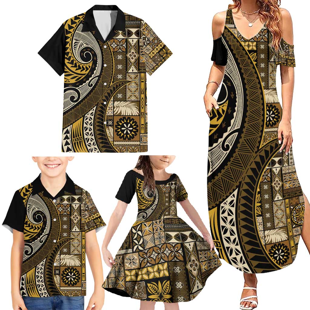 Vintage Samoa Siapo Mamanu Family Matching Summer Maxi Dress and Hawaiian Shirt Gold Samoan Tapa Motif - Polynesian Pride