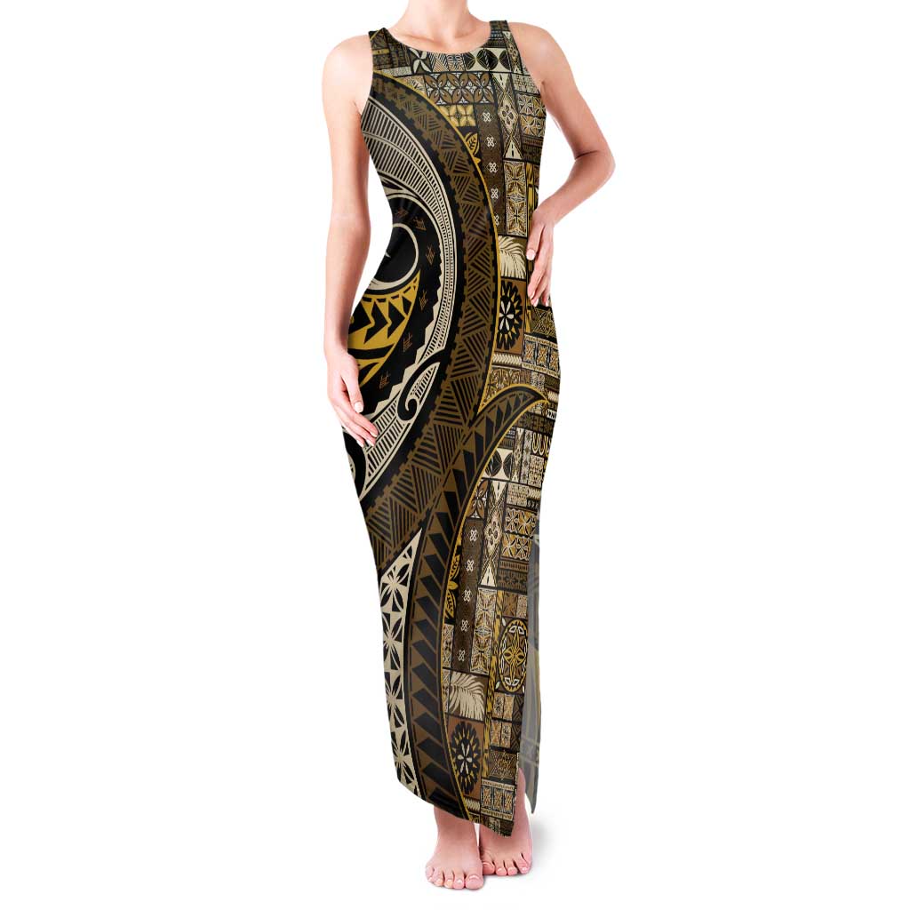 Vintage Samoa Siapo Mamanu Family Matching Tank Maxi Dress and Hawaiian Shirt Gold Samoan Tapa Motif - Polynesian Pride