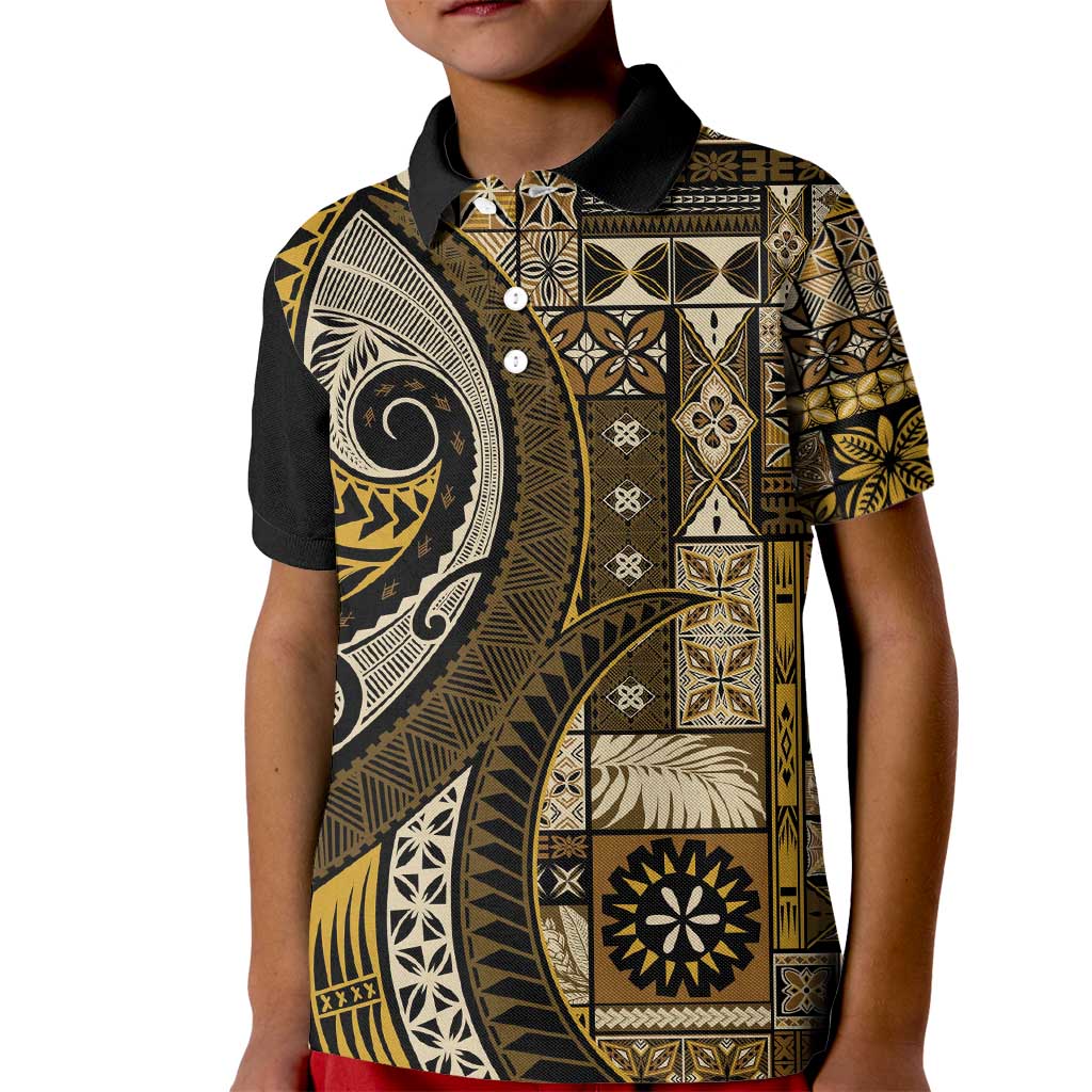 Vintage Samoa Siapo Mamanu Kid Polo Shirt Gold Samoan Tapa Motif - Polynesian Pride