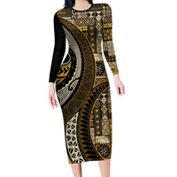 Vintage Samoa Siapo Mamanu Long Sleeve Bodycon Dress Gold Samoan Tapa Motif - Polynesian Pride