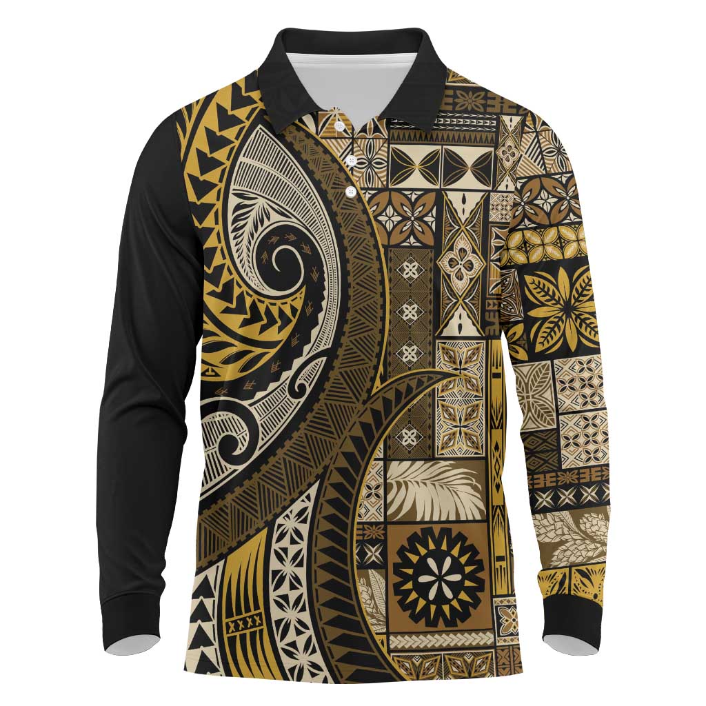 Vintage Samoa Siapo Mamanu Long Sleeve Polo Shirt Gold Samoan Tapa Motif LT9 Gold - Polynesian Pride