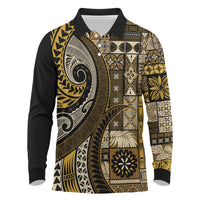 Vintage Samoa Siapo Mamanu Long Sleeve Polo Shirt Gold Samoan Tapa Motif LT9 Gold - Polynesian Pride