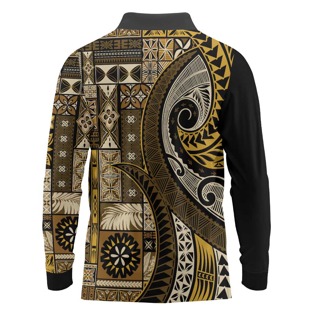 Vintage Samoa Siapo Mamanu Long Sleeve Polo Shirt Gold Samoan Tapa Motif LT9 - Polynesian Pride