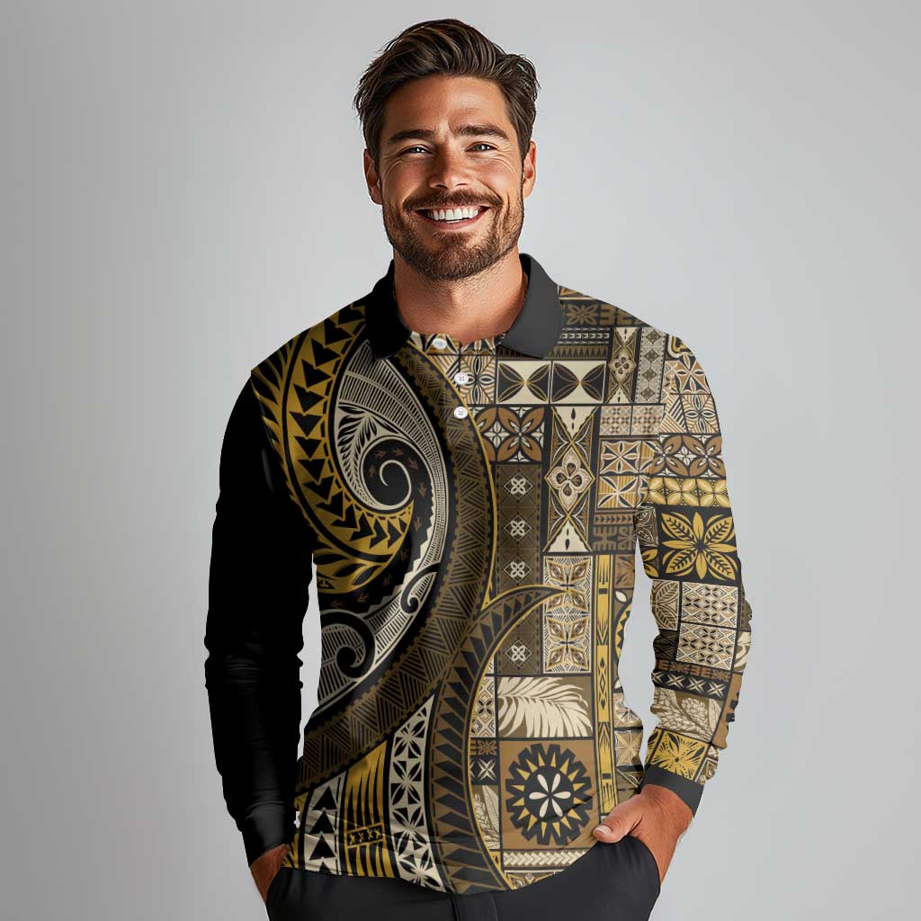 Vintage Samoa Siapo Mamanu Long Sleeve Polo Shirt Gold Samoan Tapa Motif LT9 - Polynesian Pride