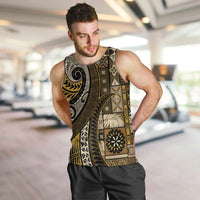 Vintage Samoa Siapo Mamanu Men Tank Top Gold Samoan Tapa Motif - Polynesian Pride