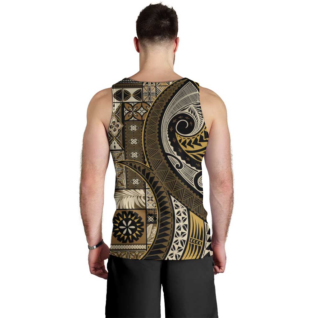 Vintage Samoa Siapo Mamanu Men Tank Top Gold Samoan Tapa Motif - Polynesian Pride