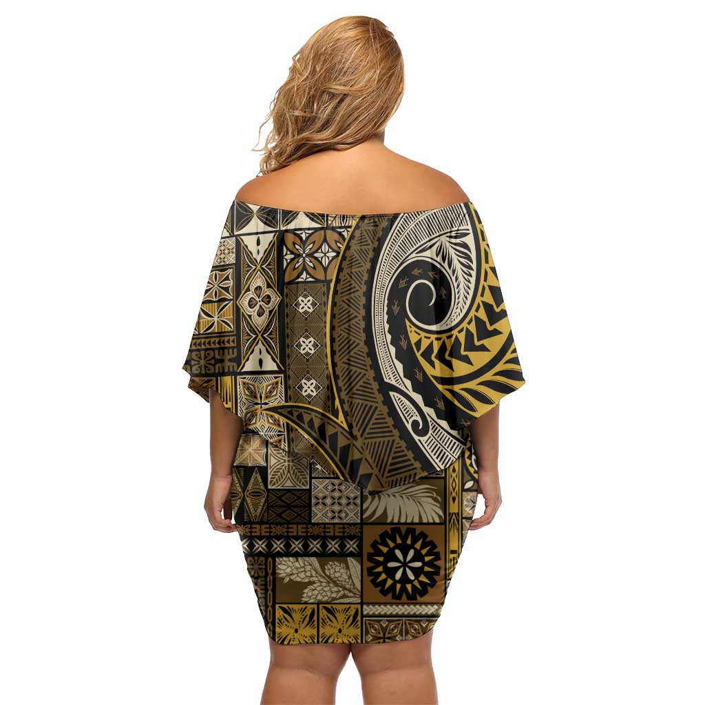 Vintage Samoa Siapo Mamanu Off Shoulder Short Dress Gold Samoan Tapa Motif - Polynesian Pride