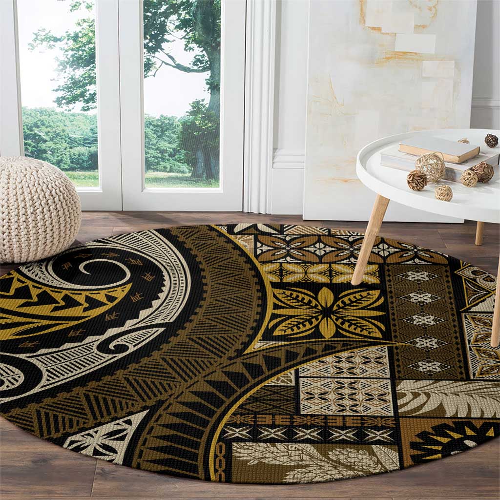 Vintage Samoa Siapo Mamanu Round Carpet Gold Samoan Tapa Motif - Polynesian Pride