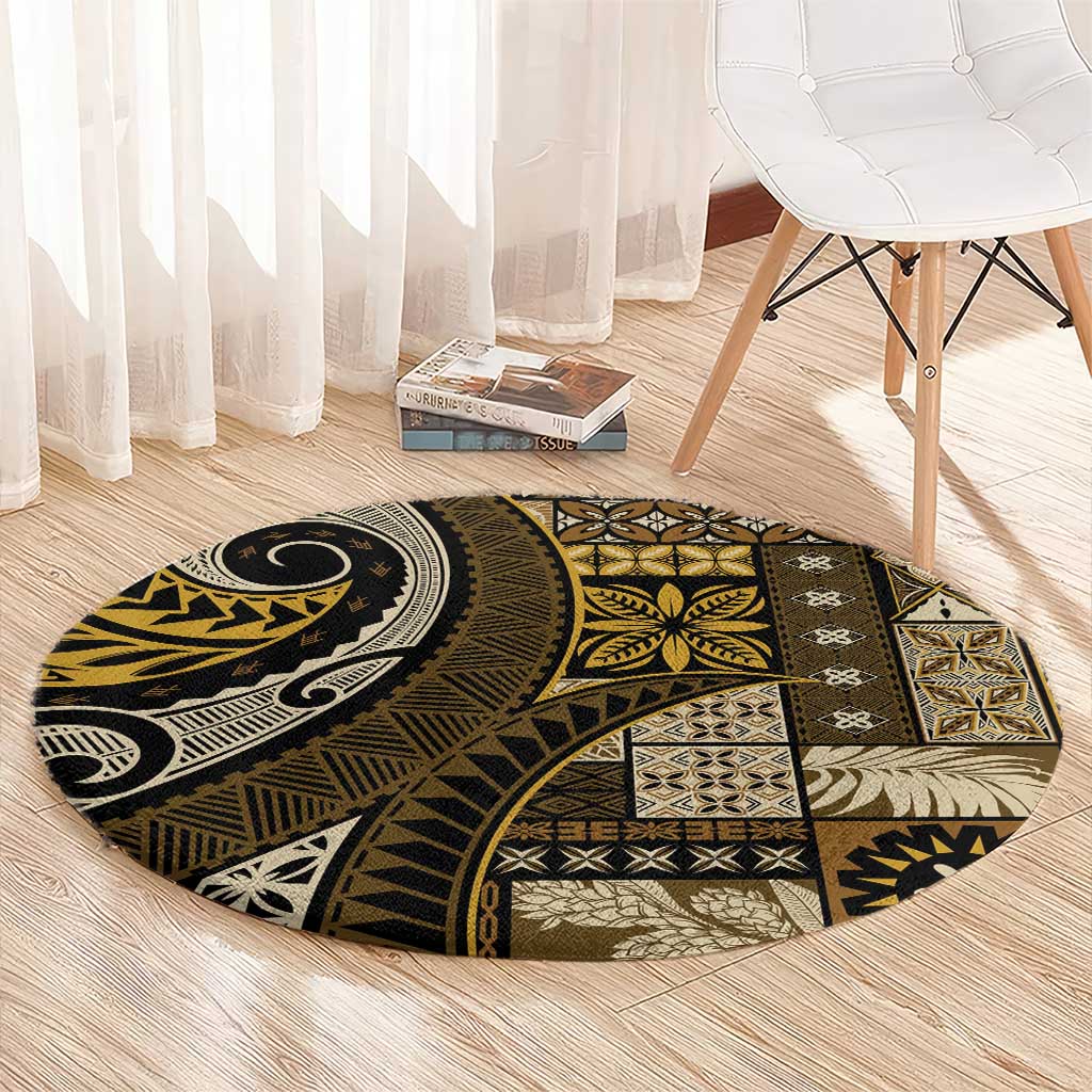 Vintage Samoa Siapo Mamanu Round Carpet Gold Samoan Tapa Motif - Polynesian Pride