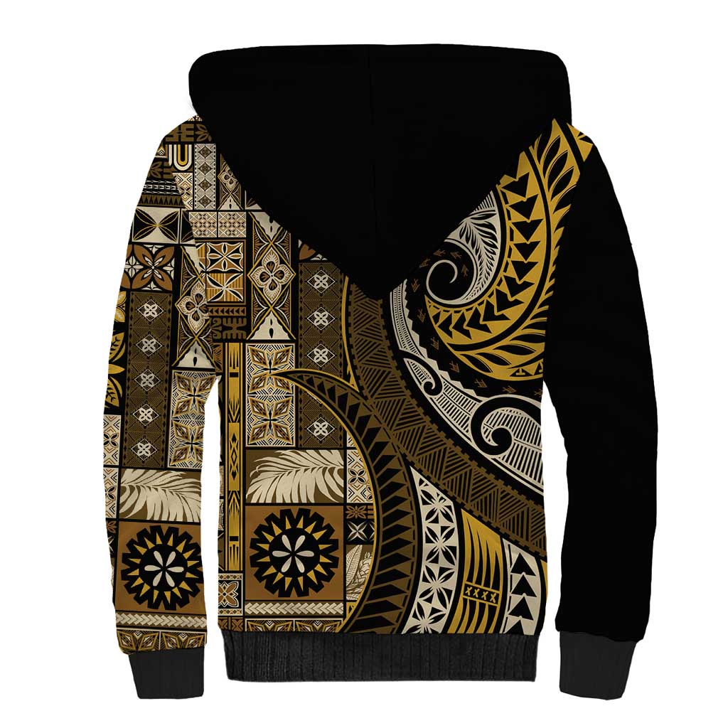 Vintage Samoa Siapo Mamanu Sherpa Hoodie Gold Samoan Tapa Motif - Polynesian Pride