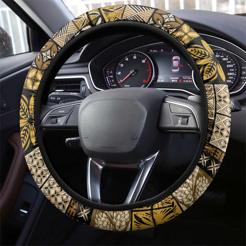 Vintage Samoa Siapo Mamanu Steering Wheel Cover Gold Samoan Tapa Motif - Polynesian Pride