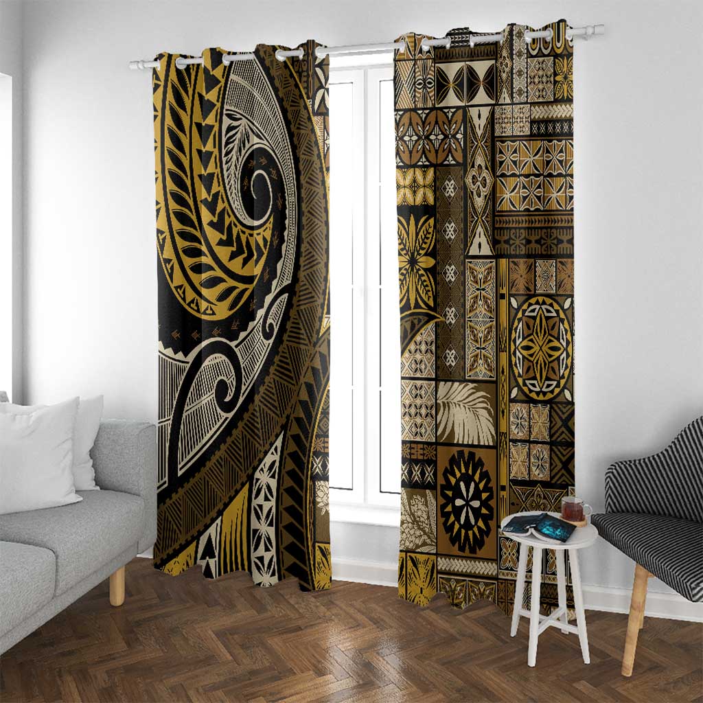 Vintage Samoa Siapo Mamanu Window Curtain Gold Samoan Tapa Motif - Polynesian Pride