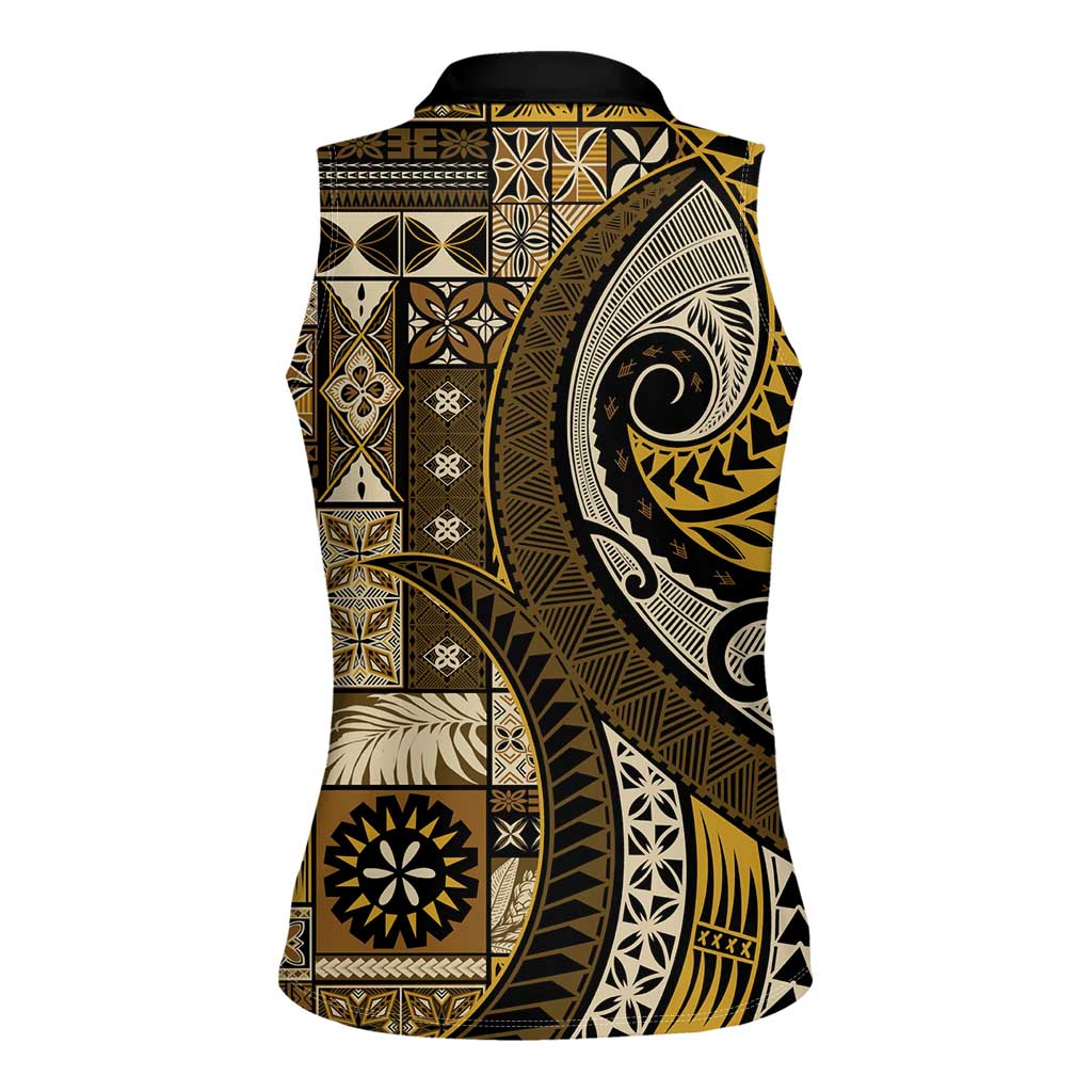 Vintage Samoa Siapo Mamanu Women Sleeveless Polo Shirt Gold Samoan Tapa Motif - Polynesian Pride
