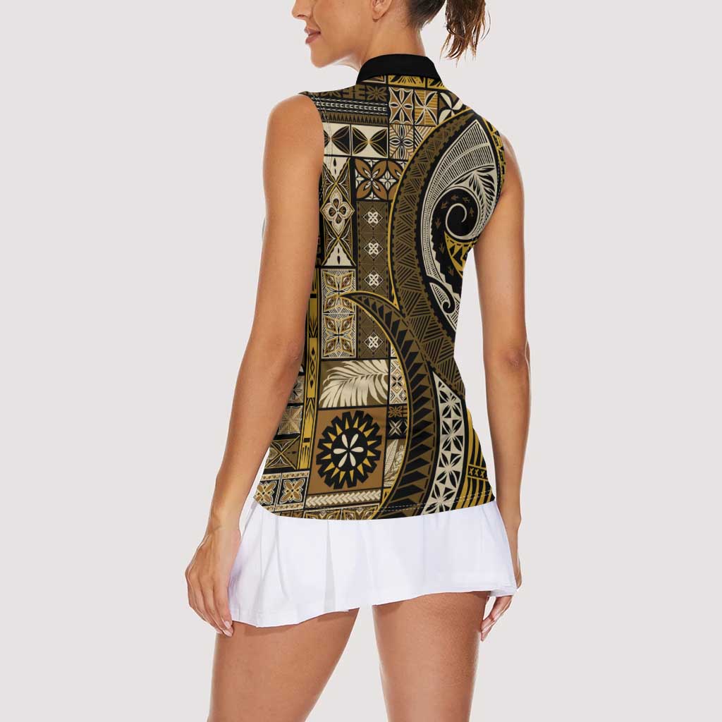 Vintage Samoa Siapo Mamanu Women Sleeveless Polo Shirt Gold Samoan Tapa Motif - Polynesian Pride