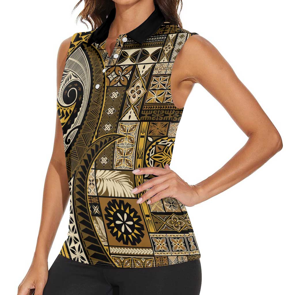 Vintage Samoa Siapo Mamanu Women Sleeveless Polo Shirt Gold Samoan Tapa Motif - Polynesian Pride
