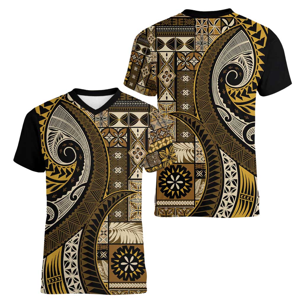 Vintage Samoa Siapo Mamanu Women V-Neck T-Shirt Gold Samoan Tapa Motif - Polynesian Pride