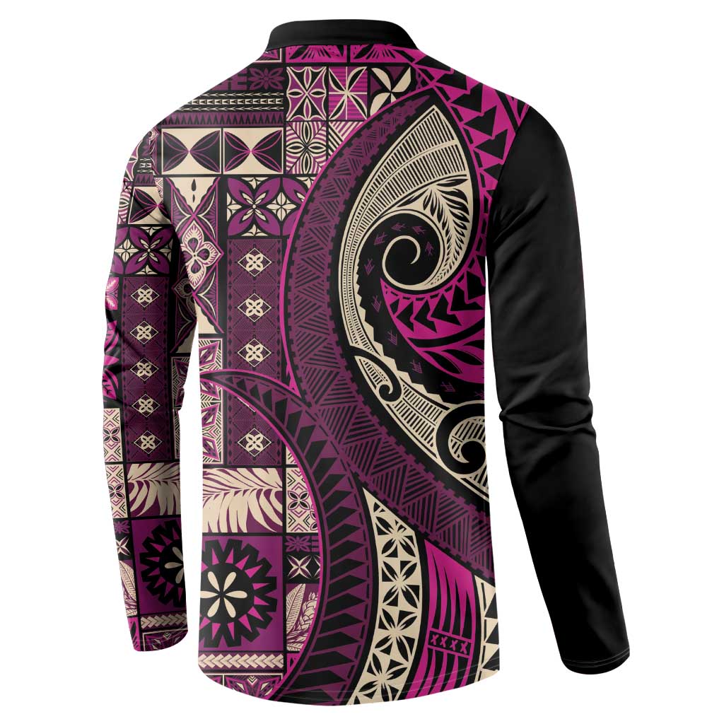 Vintage Samoa Siapo Mamanu Button Sweatshirt Pink Samoan Tapa Motif - Polynesian Pride