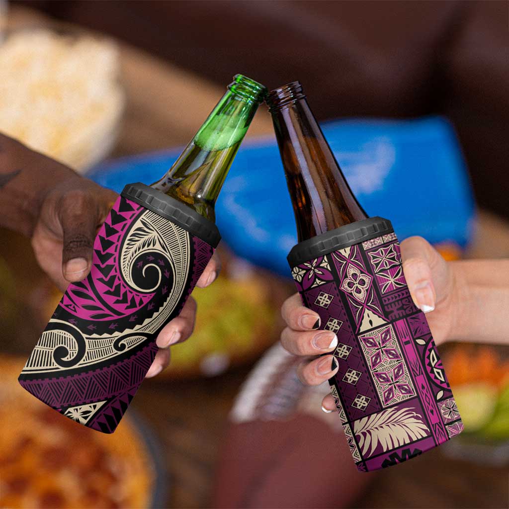 Vintage Samoa Siapo Mamanu 4 in 1 Can Cooler Tumbler Pink Samoan Tapa Motif - Polynesian Pride