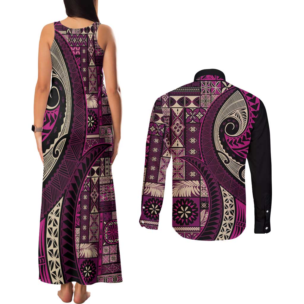 Vintage Samoa Siapo Mamanu Couples Matching Tank Maxi Dress and Long Sleeve Button Shirt Pink Samoan Tapa Motif - Polynesian Pride