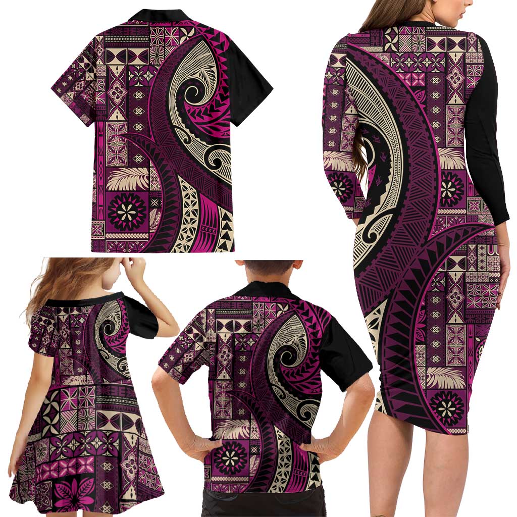 Vintage Samoa Siapo Mamanu Family Matching Long Sleeve Bodycon Dress and Hawaiian Shirt Pink Samoan Tapa Motif - Polynesian Pride