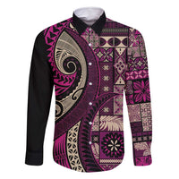 Vintage Samoa Siapo Mamanu Family Matching Off Shoulder Maxi Dress and Hawaiian Shirt Pink Samoan Tapa Motif - Polynesian Pride