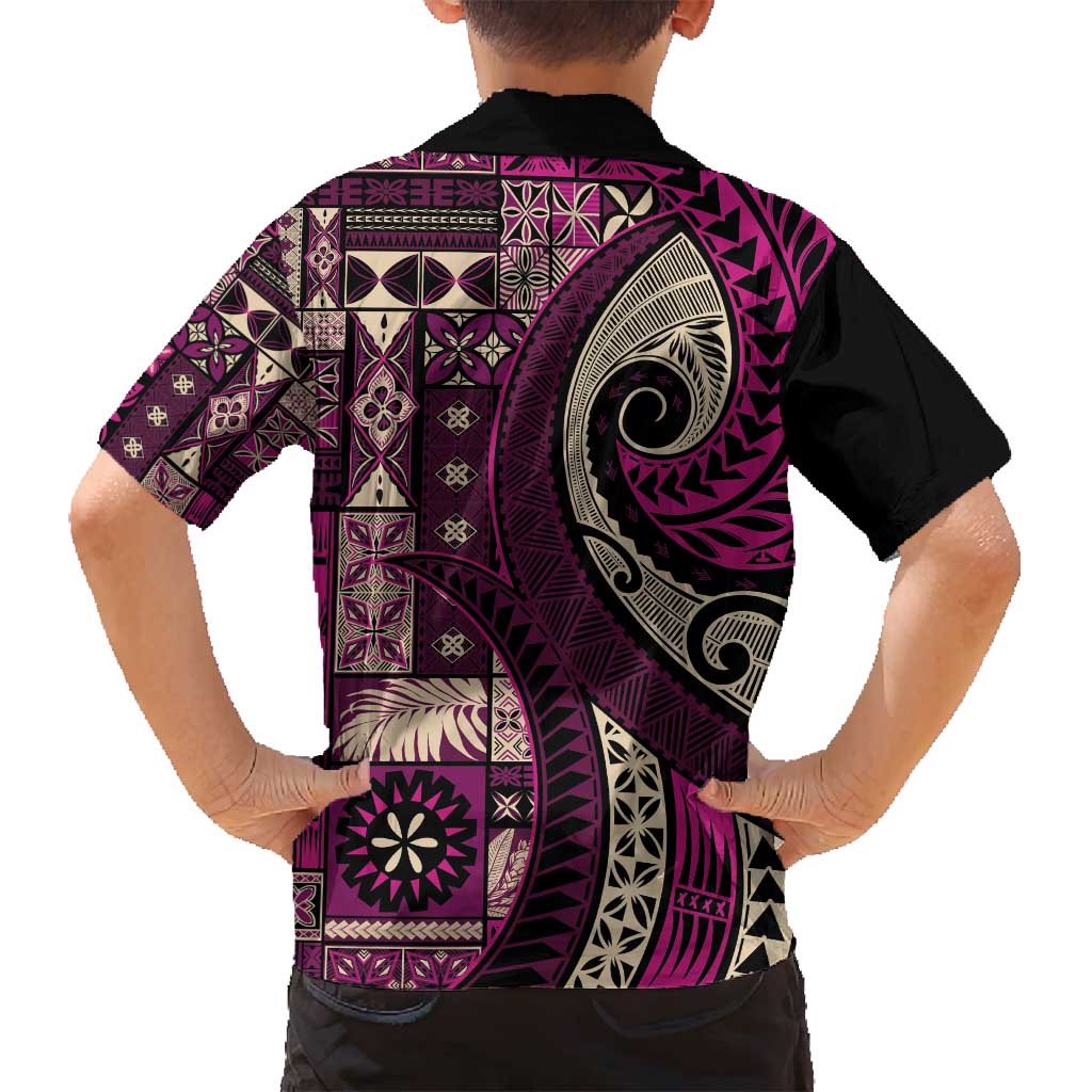Vintage Samoa Siapo Mamanu Family Matching Off Shoulder Short Dress and Hawaiian Shirt Pink Samoan Tapa Motif - Polynesian Pride
